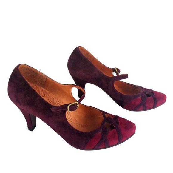 Chie Mihara Womens Suede Heels 39 Pumps Mary Janes Buckles Purple Size 8